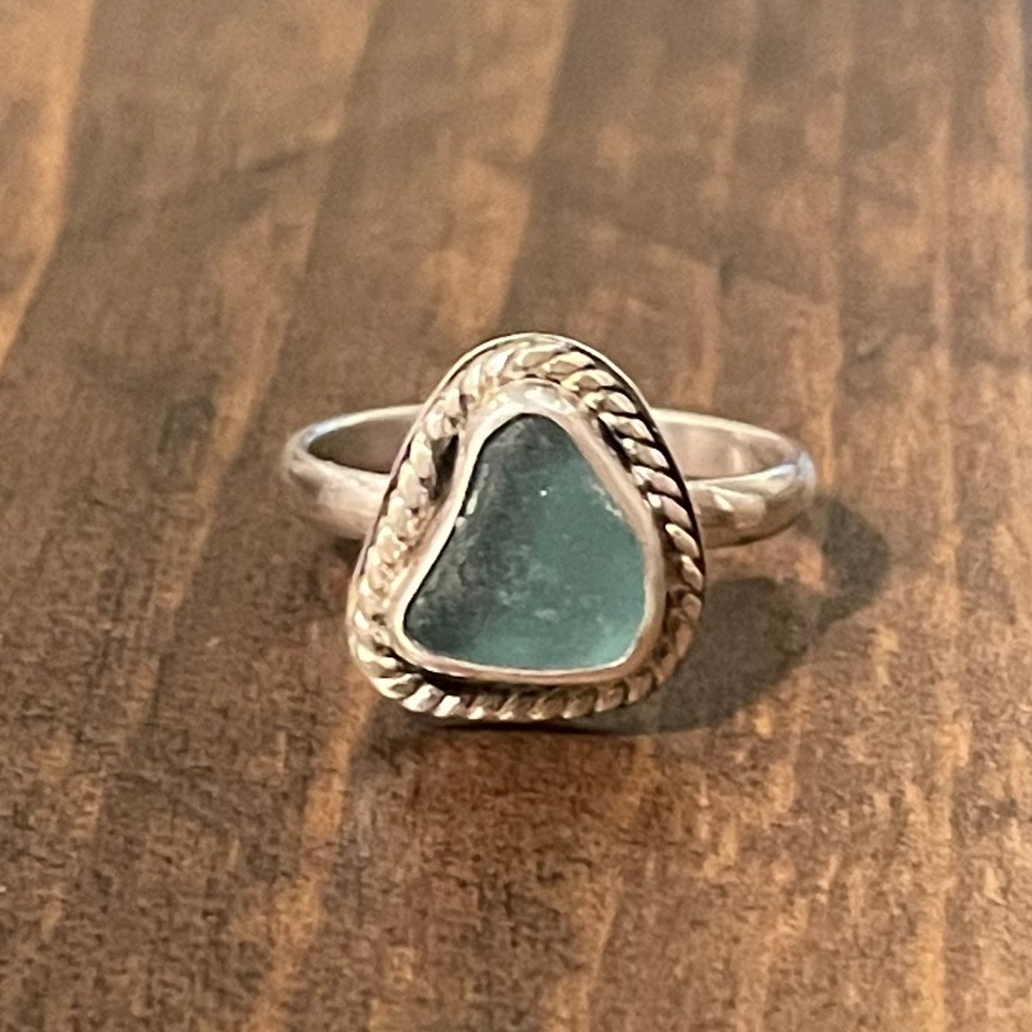 Twisted Teal Blue Sea Glass Ring - Size 7.5