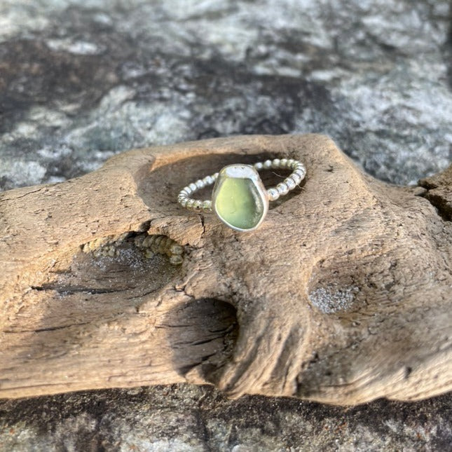 Light Olive Green Sea Glass Ring - Size 8