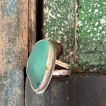 Teal Blue Sea Glass Double Shank Ring - Size 9.5