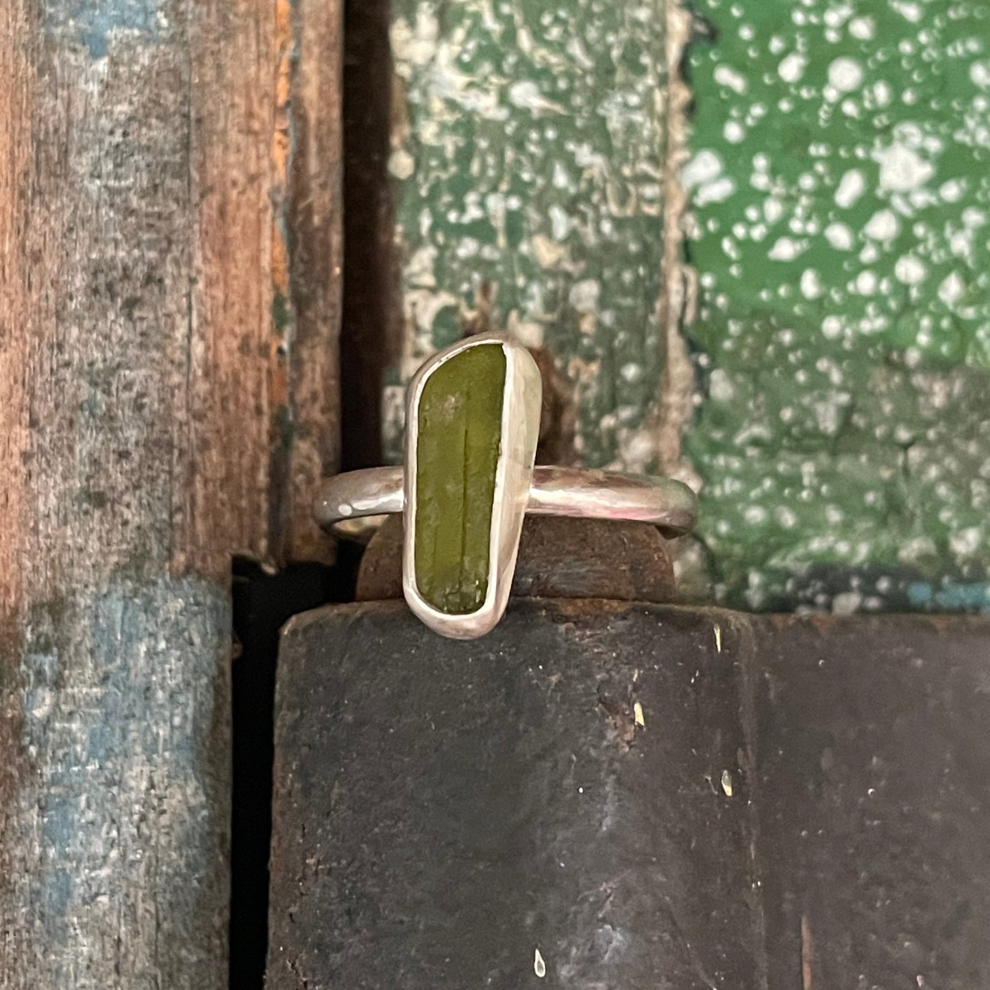 Olive Green Sea Glass Ring - size 9.5