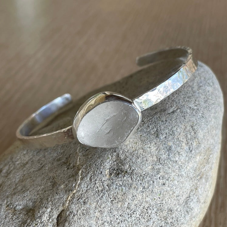 Frosty White Sea Glass Cuff Bracelet