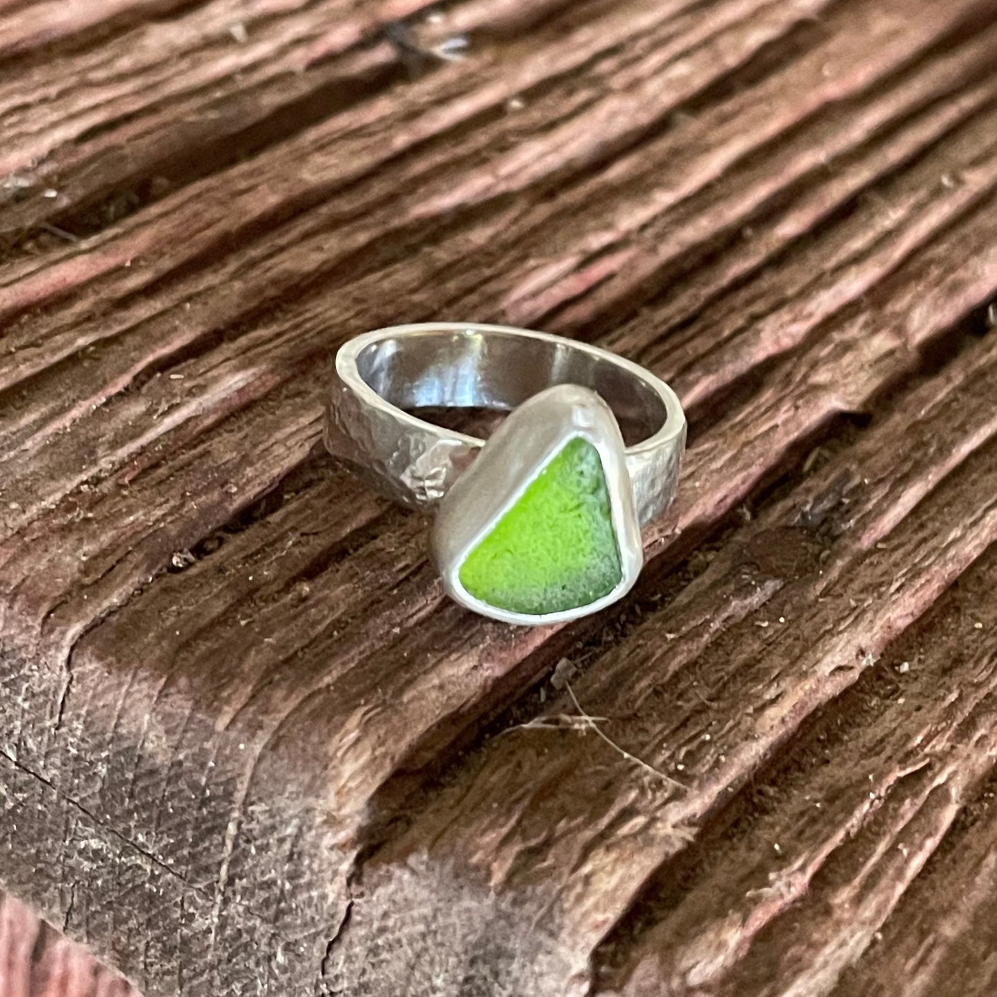 Lime Green Hammered Sea Glass Ring - Size 7.5