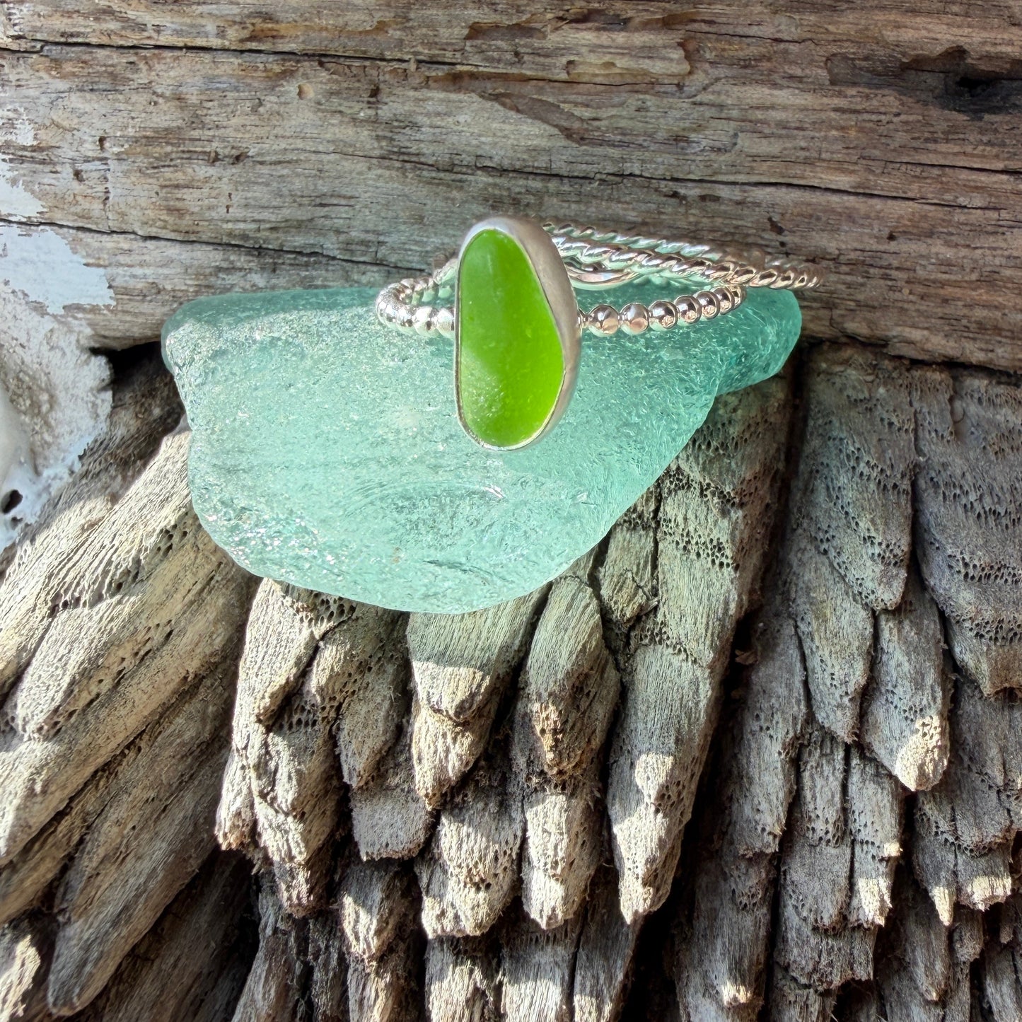 Lime Green Sea Glass Stacking Rings - Size 11