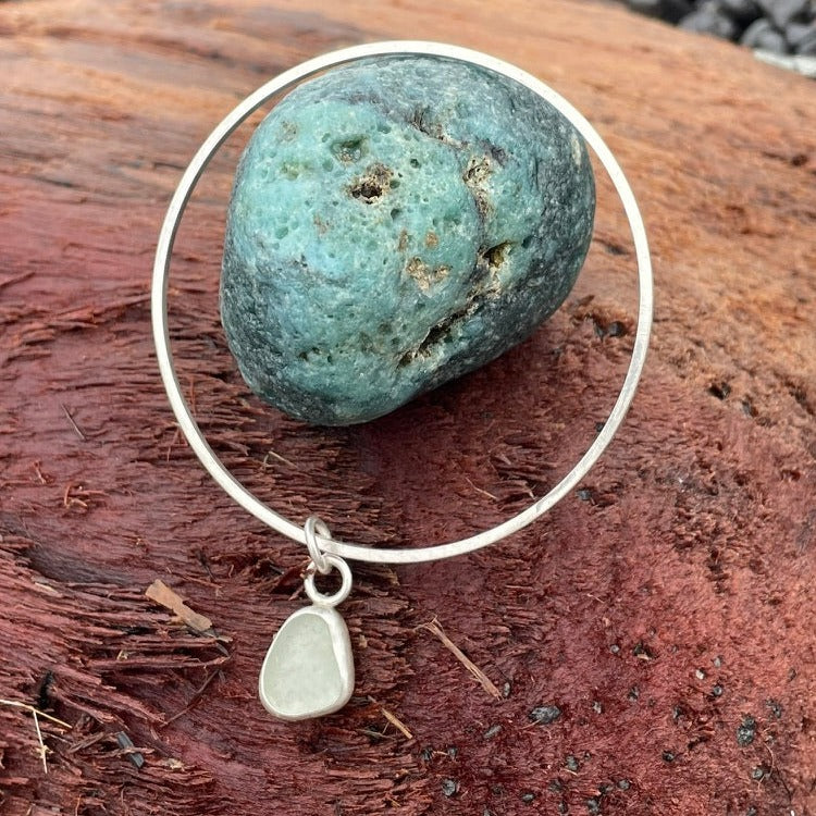 Sea Foam Green Sea Glass Dangle Bangle - Size Large