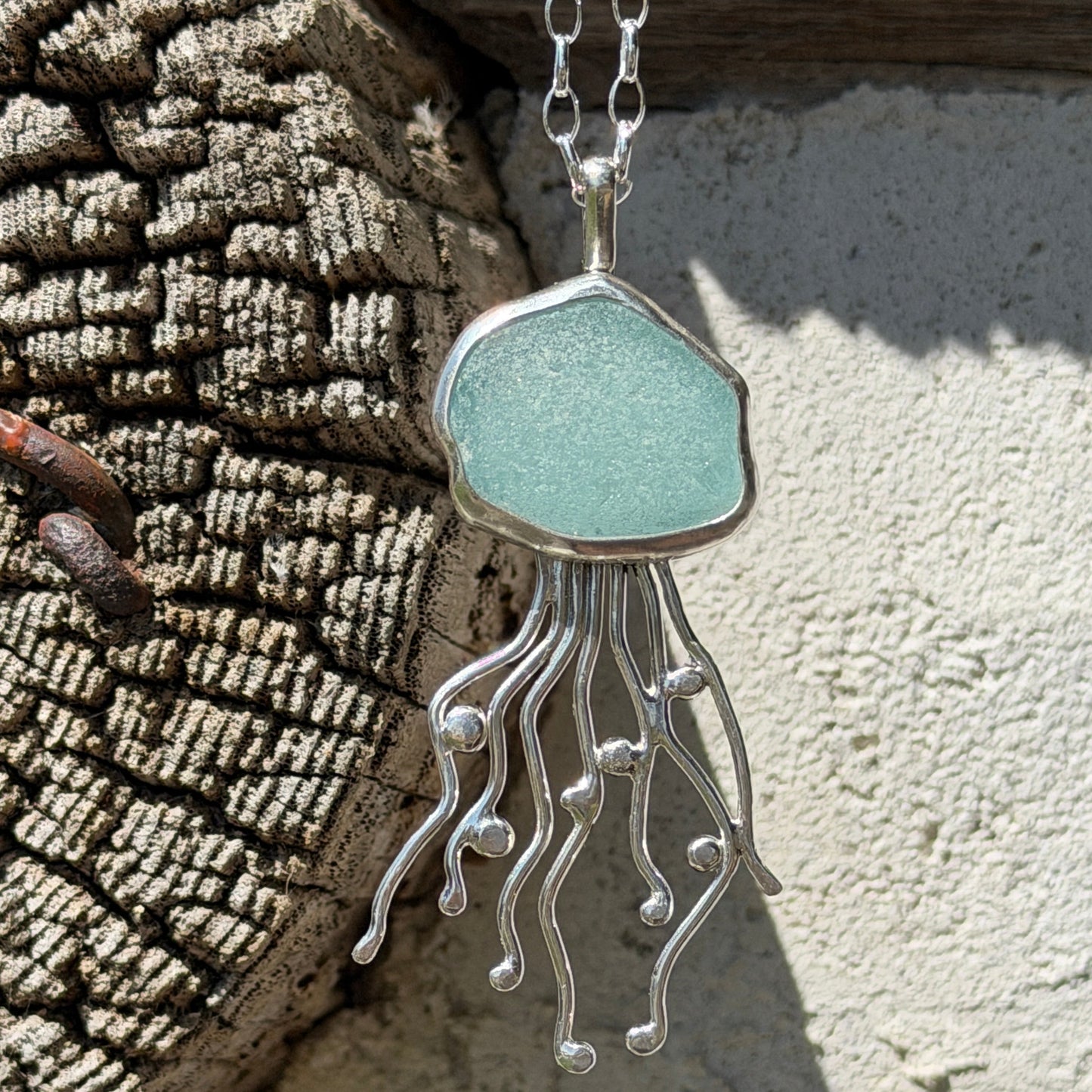 Aquamarine Sea Glass Jellyfish Pendant