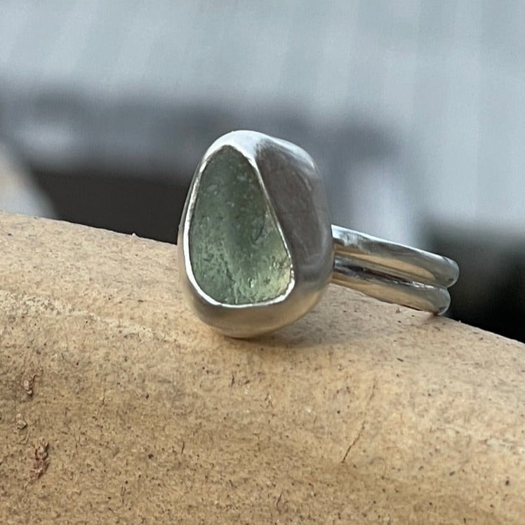 Sea Foam Green Double Banded Sea Glass Ring - Size 7