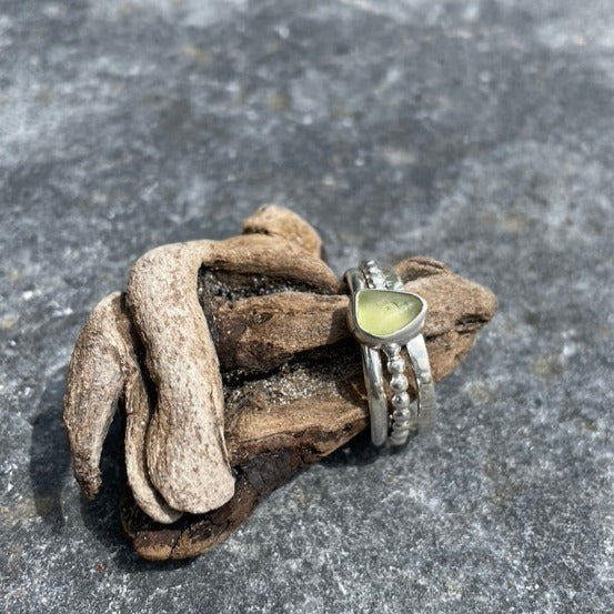 Pale Olive Green Sea Glass Stacking Rings - Size 8.25