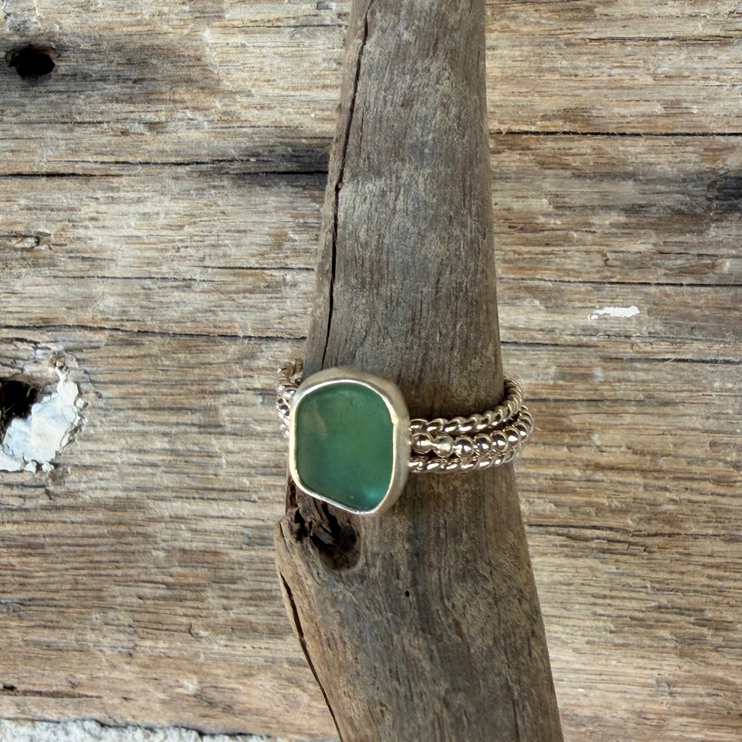 Teal Green Sea Glass Stacking Rings - SIZE 10.25