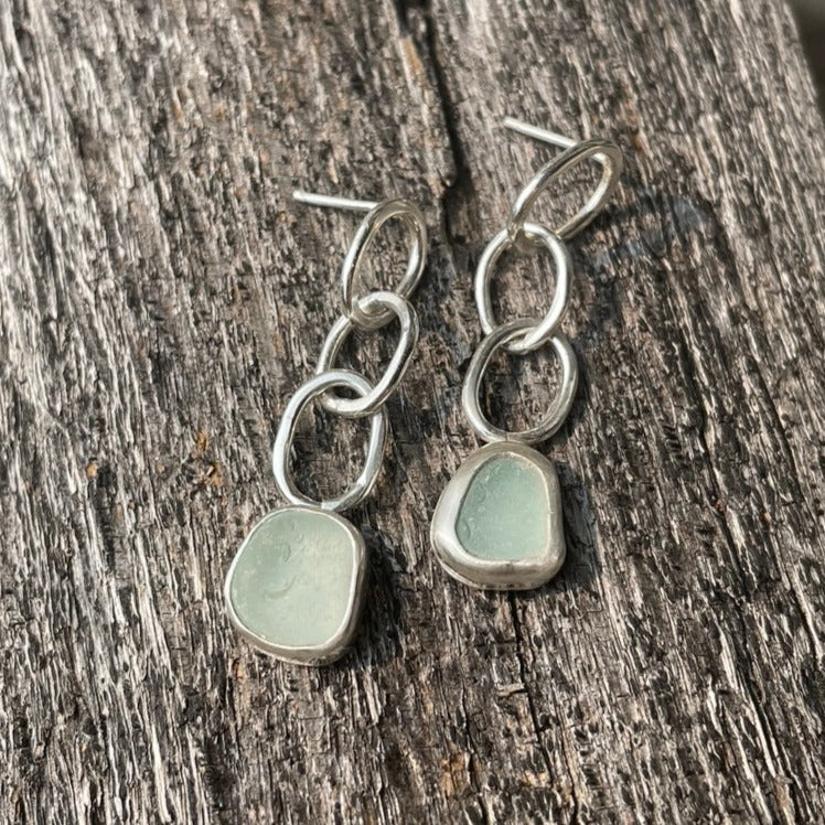 Sea Foam Blue Sea Glass Chain Dangle Earrings