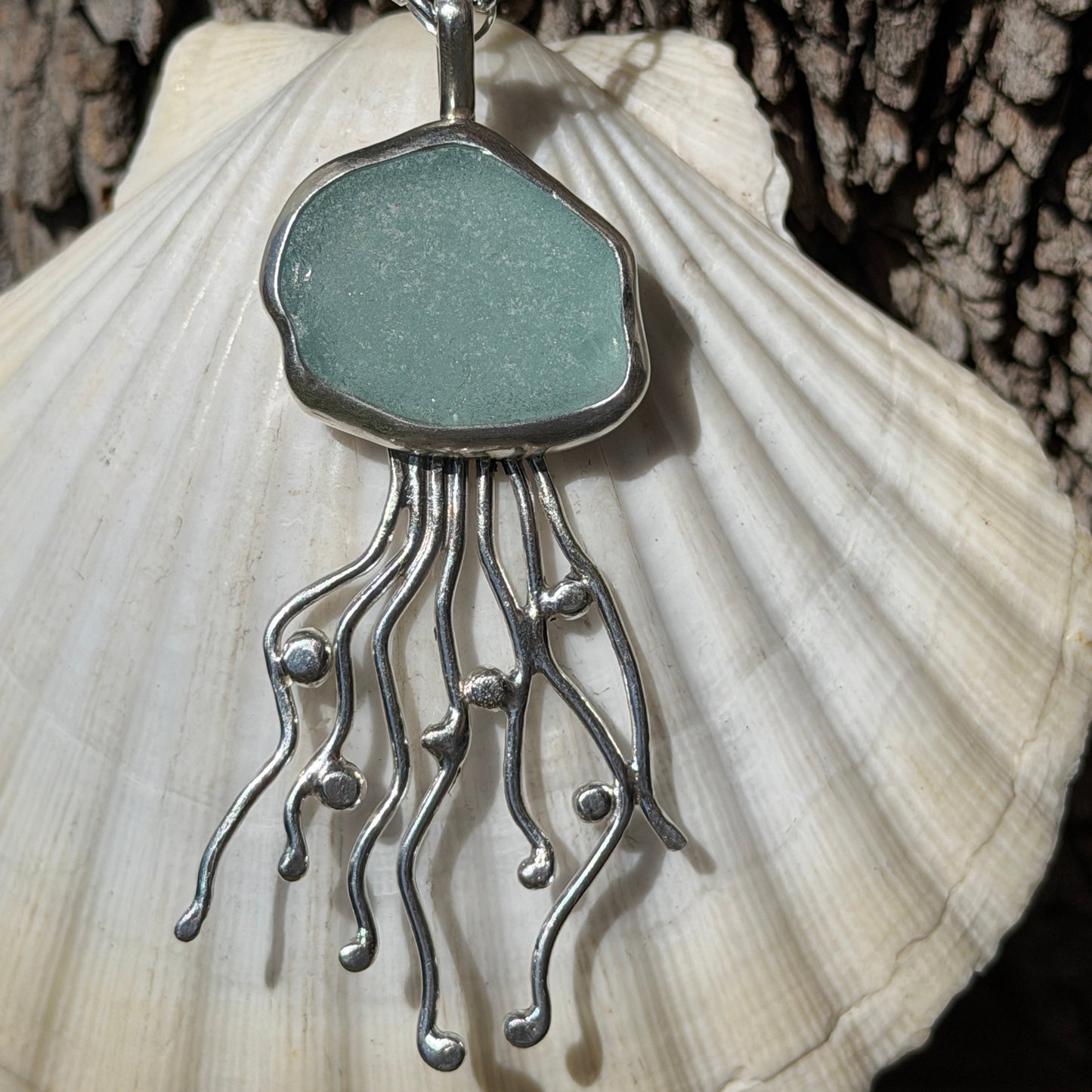 Aquamarine Sea Glass Jellyfish Pendant
