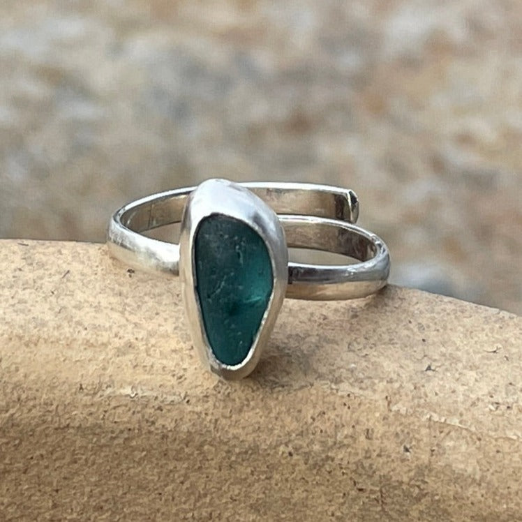 Teal Blue Adjustable Sea Glass Ring