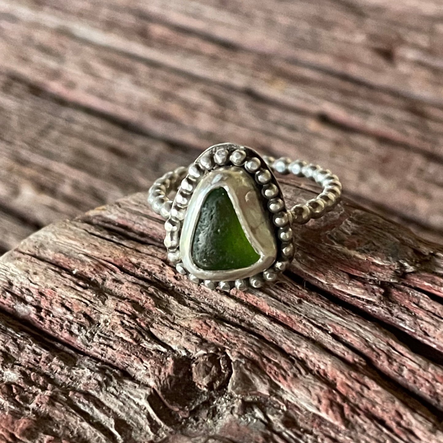 Lime Green Beaded Sea Glass Ring - Size 6