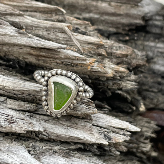 Lime Green Beaded Sea Glass Ring - Size 6