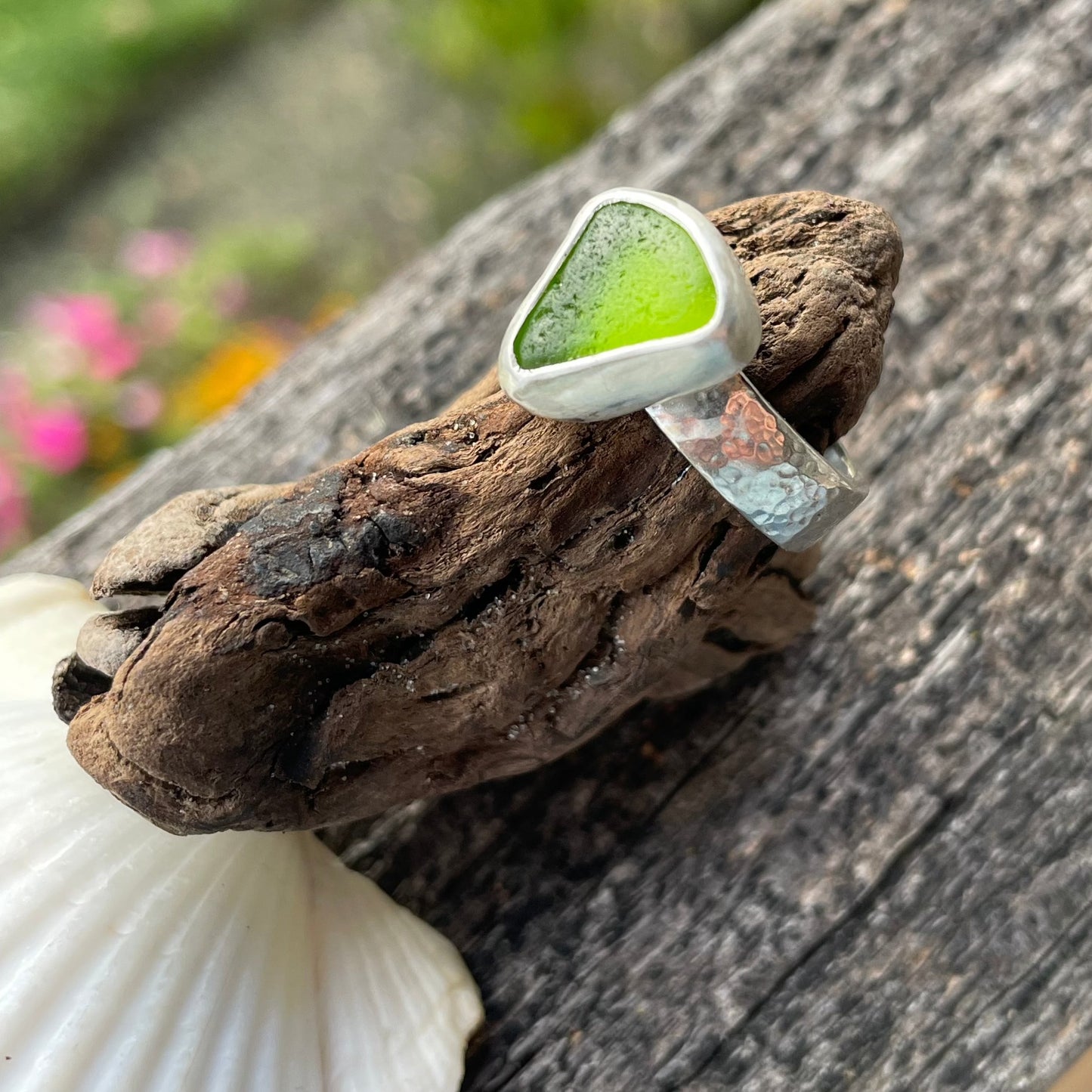 Lime Green Hammered Sea Glass Ring - Size 7.5