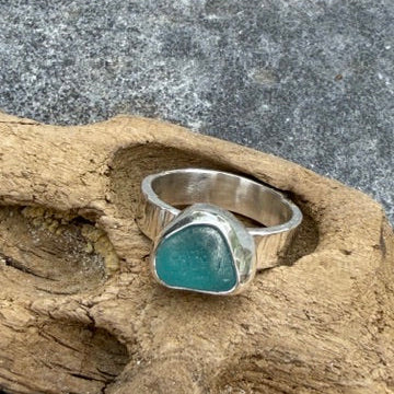 Teal Blue Sea Glass Ring - size 7.25
