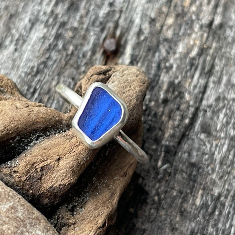 Cobalt Blue Sea Glass Ring - size 7.75