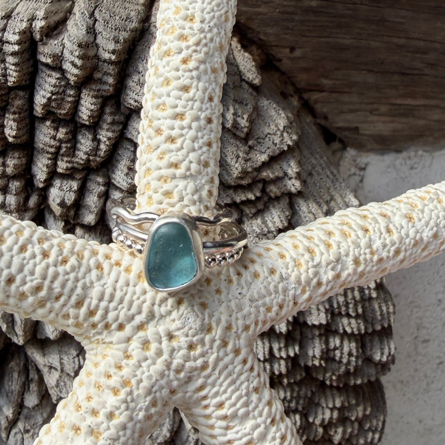 Teal Blue Sea Glass Stacking Rings - Size 3.5