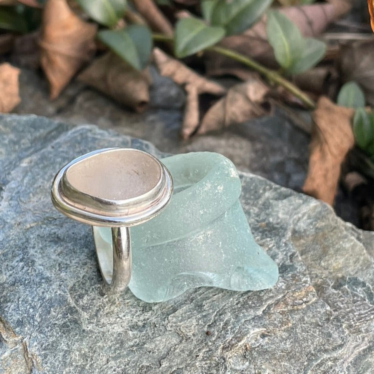 Frosty White Sea Glass Statement Ring - Size 11