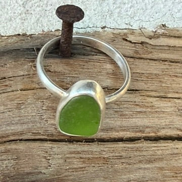 Lime Green Sea Glass Ring - Size 7.75