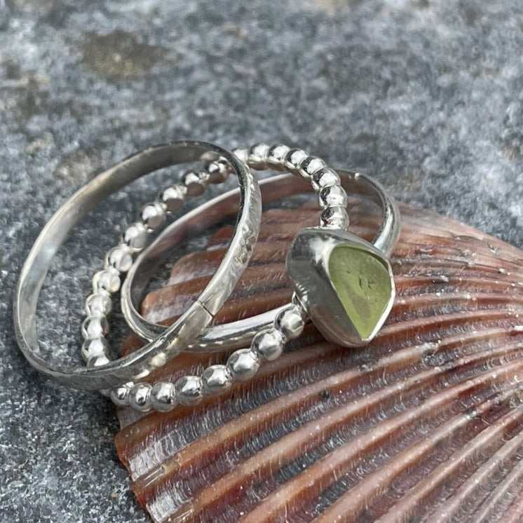 Pale Olive Green Sea Glass Stacking Rings - Size 8.25