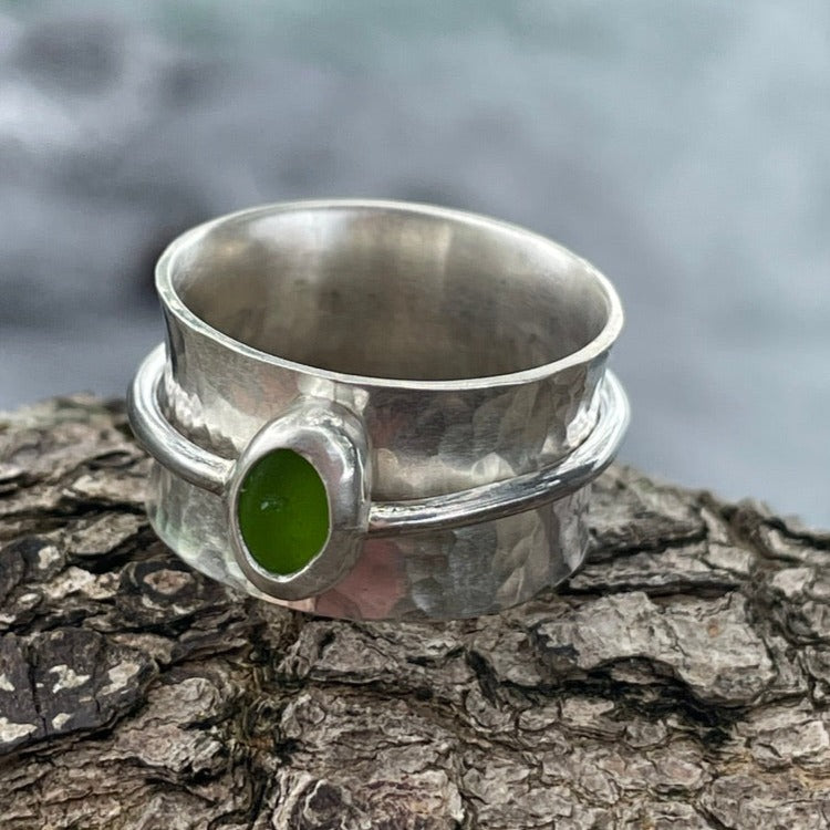 Lime Green Sea Glass Spinner Ring - size 9