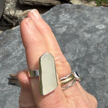Frosty White Sea Glass Statement Ring - Size 10.25