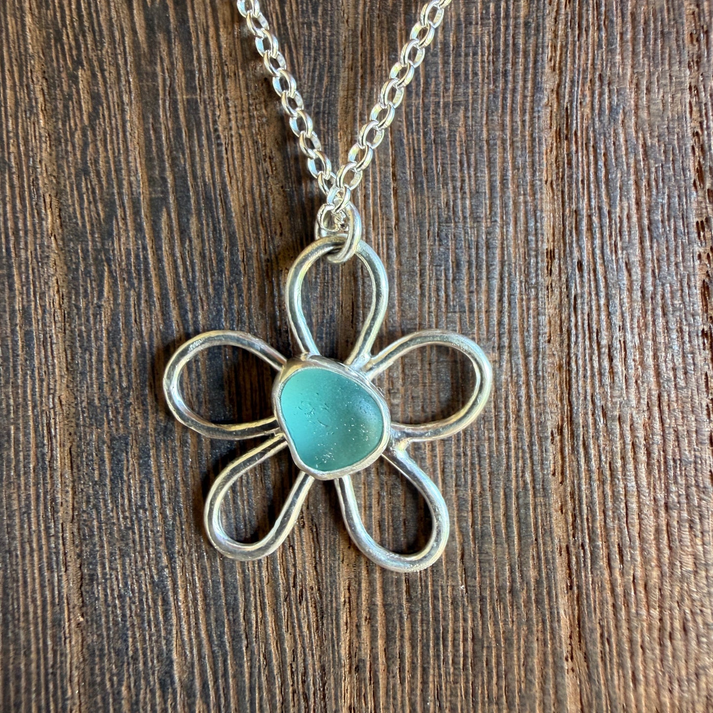 Light Teal Blue Sea Glass Daisy Pendant