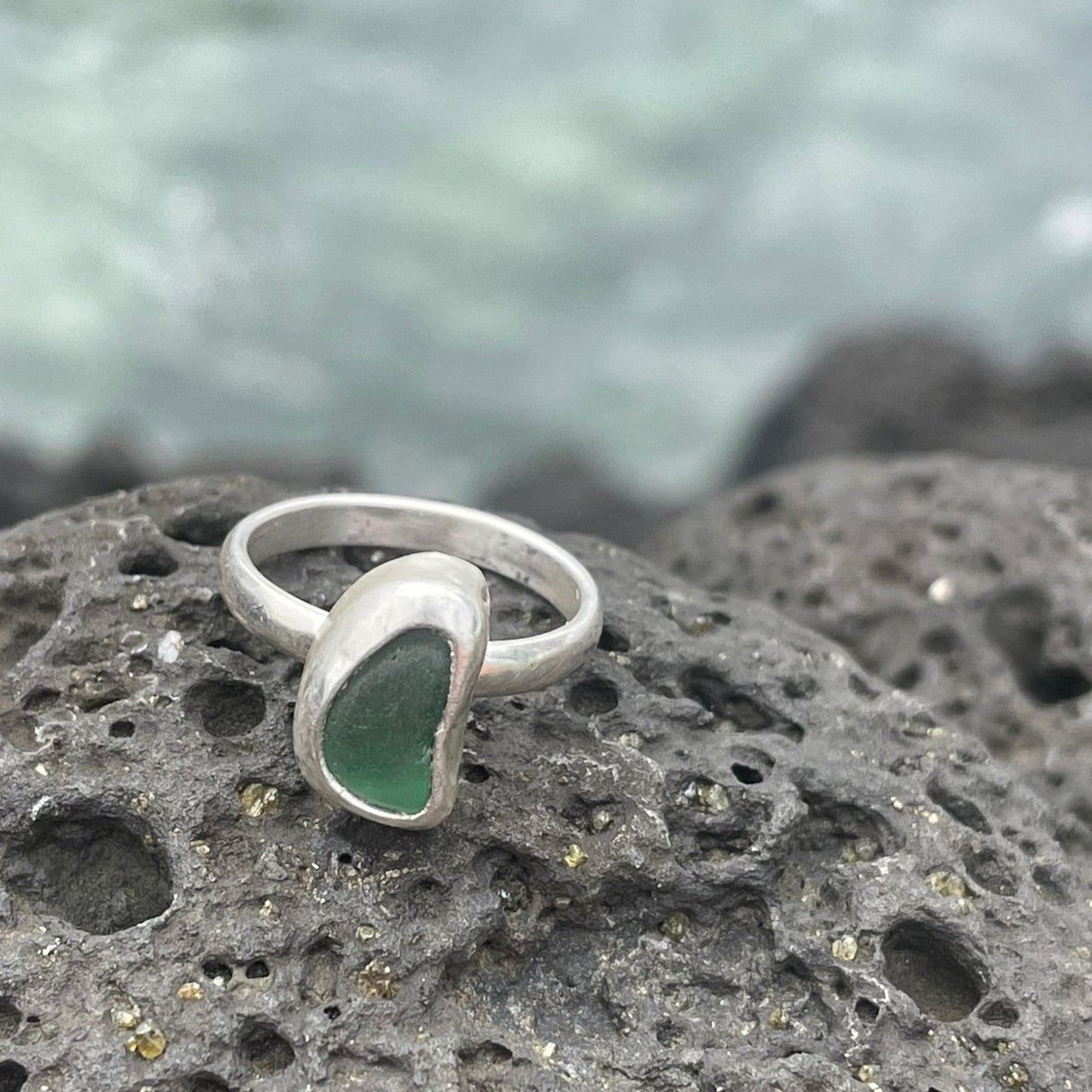 Teal Green Sea Glass Ring - Size 5