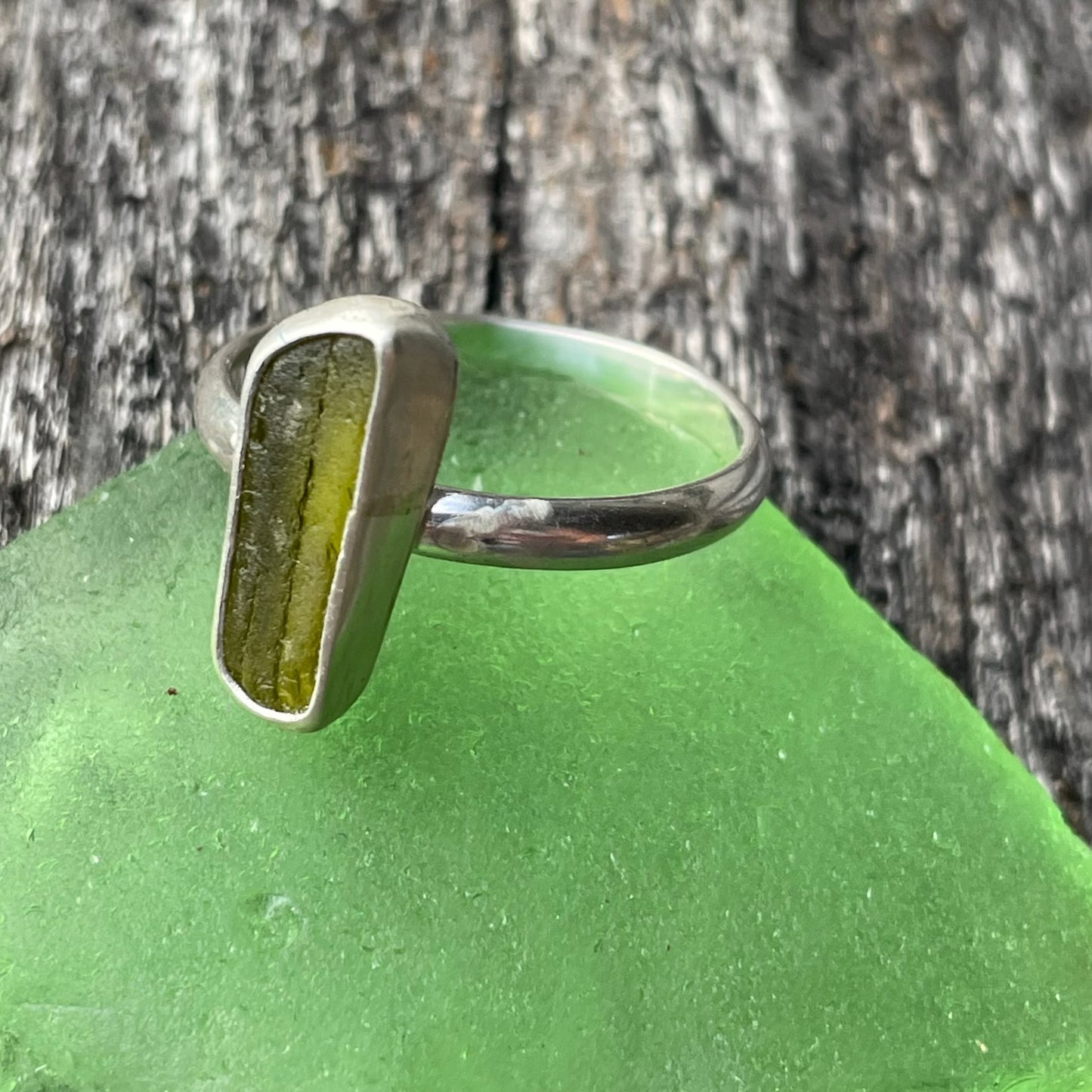 Olive Green Sea Glass Ring - size 9.5