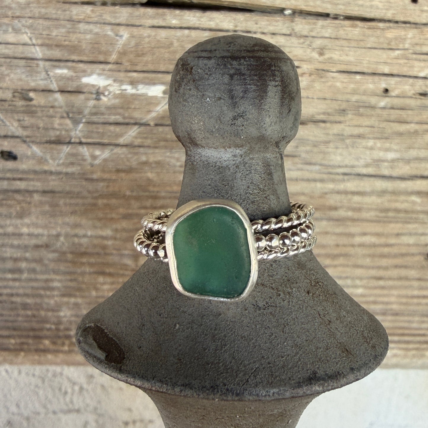 Teal Green Sea Glass Stacking Rings - SIZE 10.25