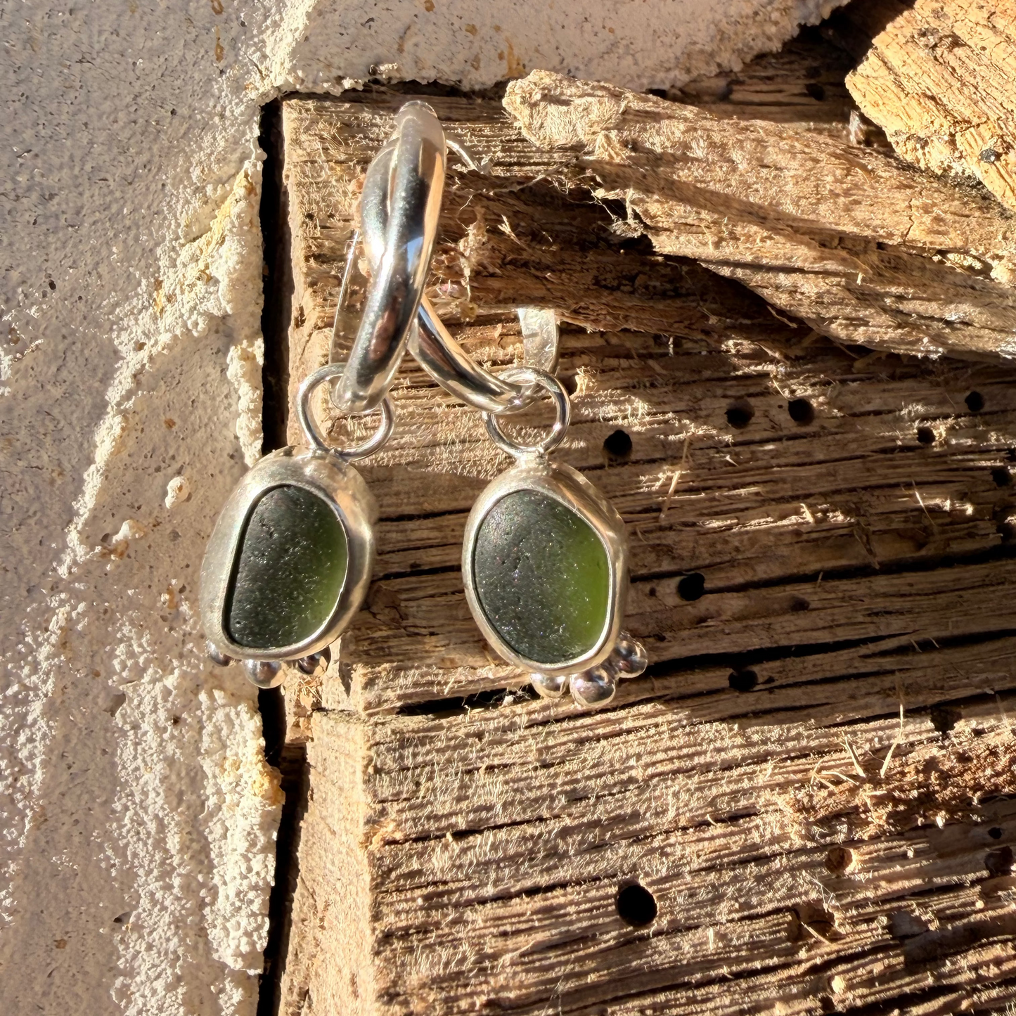 Olive Green Sea Glass Hoop Earrings
