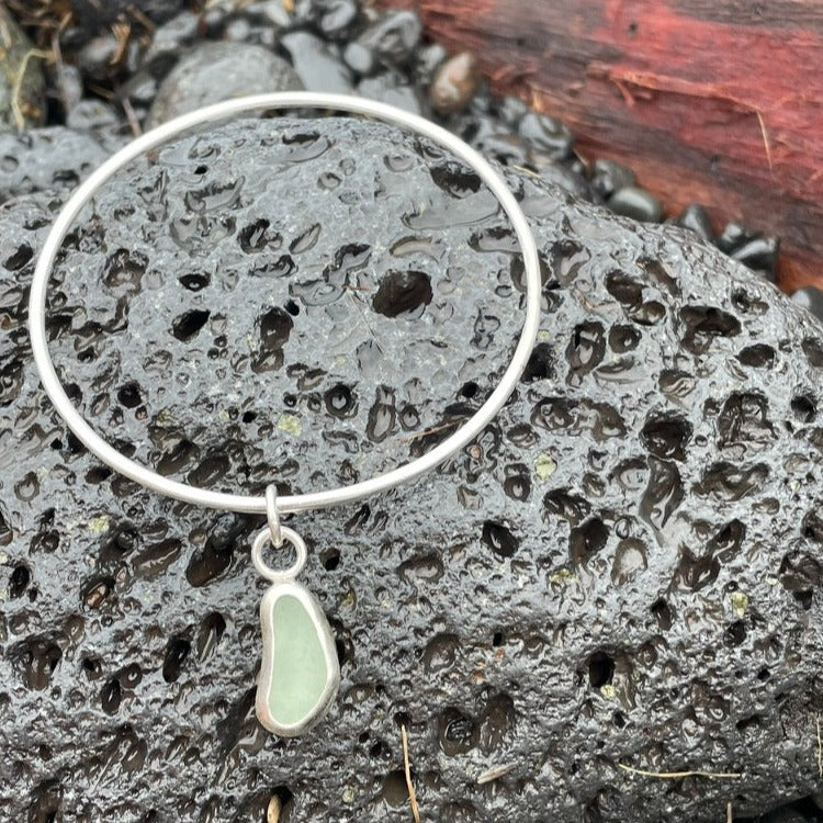 Sea Foam Green Sea Glass Dangle Bangle - Size Medium