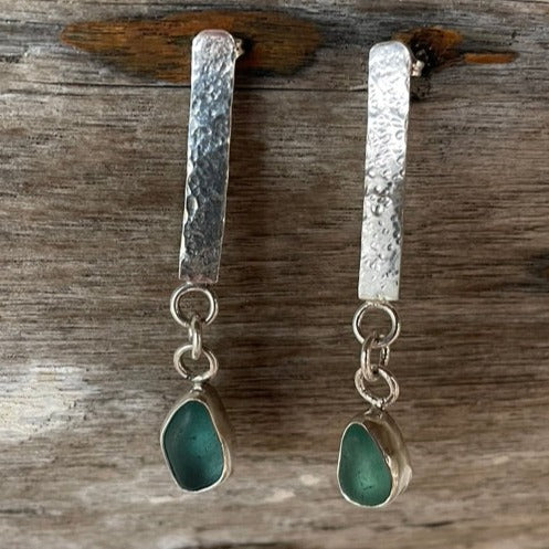 Teal Blue Sea Glass Dangle Bar Earrings