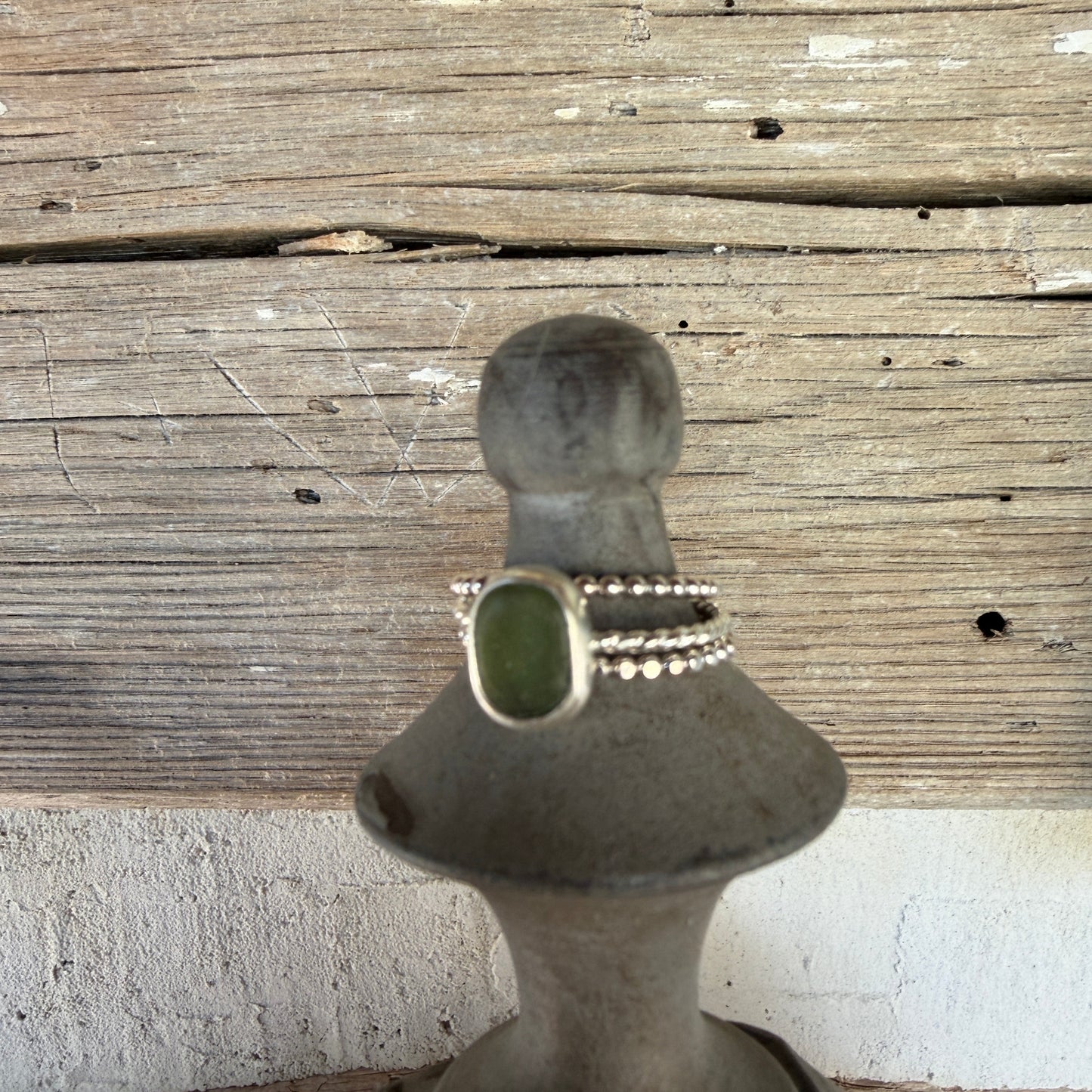Olive Green Sea Glass Stacking Rings - Size 10
