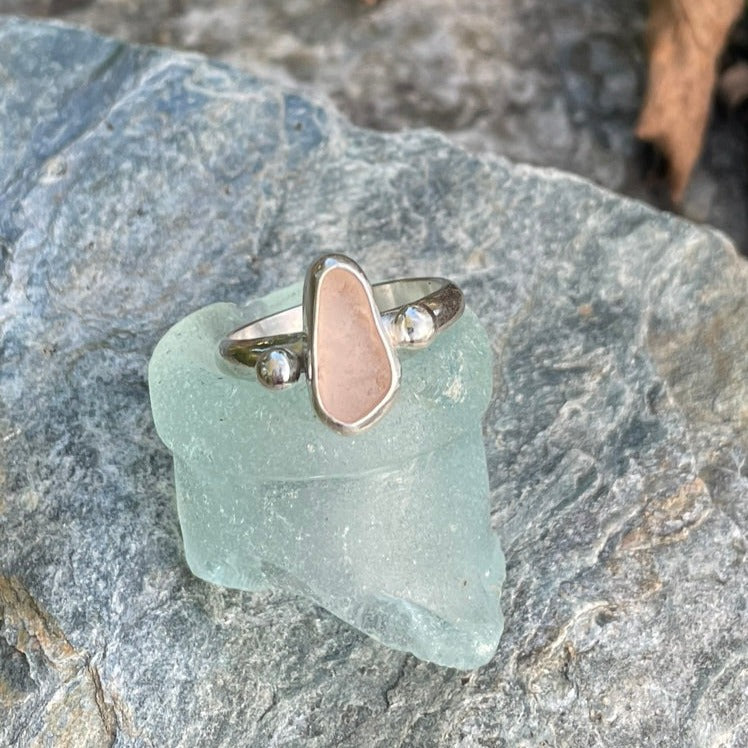 Soft Pink Beaded Sea Glass Ring - Size 7