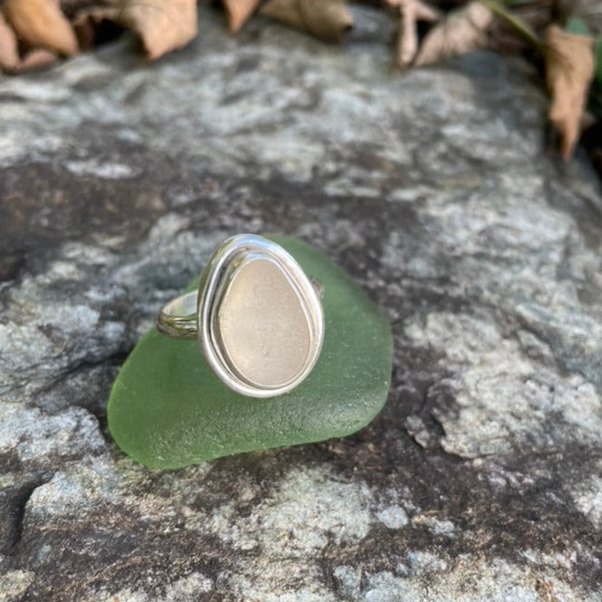 Frosty White Sea Glass Statement Ring - Size 11