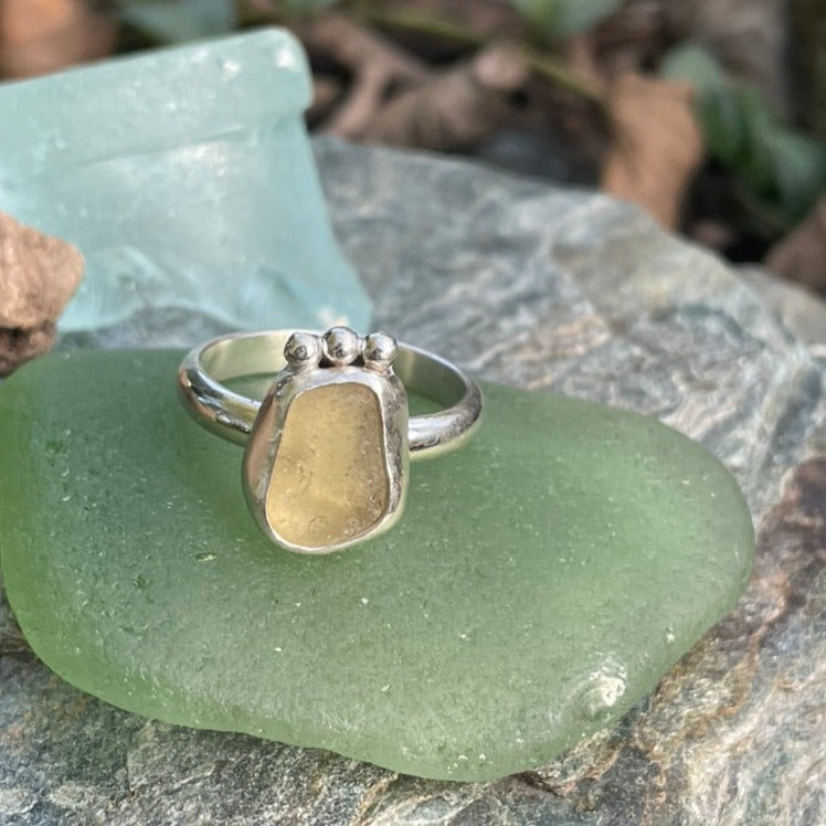 Soft Yellow Beaded Sea Glass Ring - Size 7