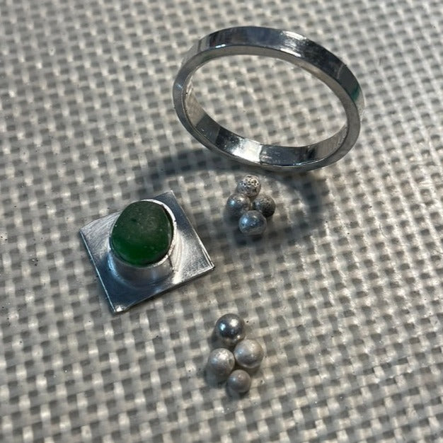 Green Beaded Sea Glass Ring -size 7.75