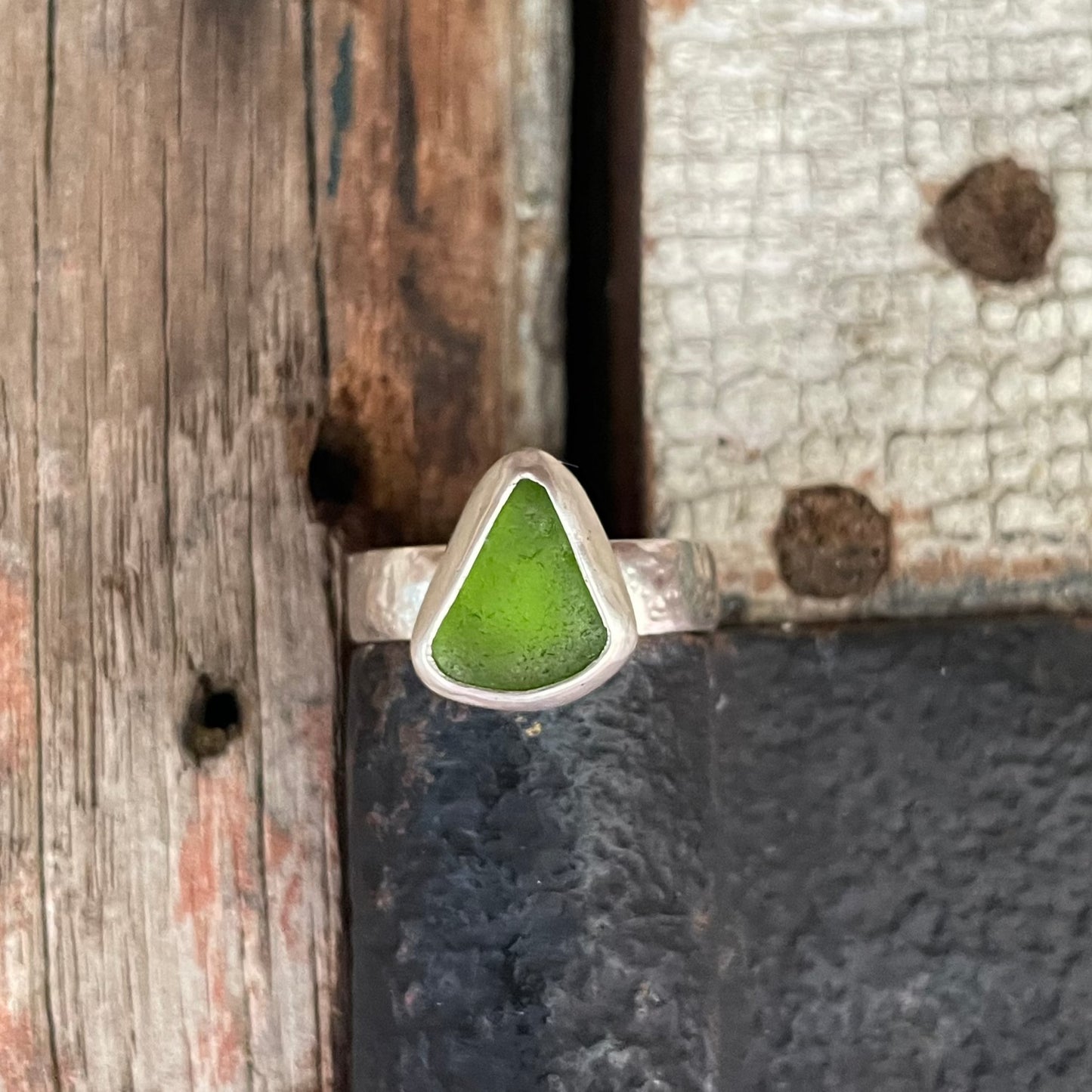 Lime Green Hammered Sea Glass Ring - Size 7.5