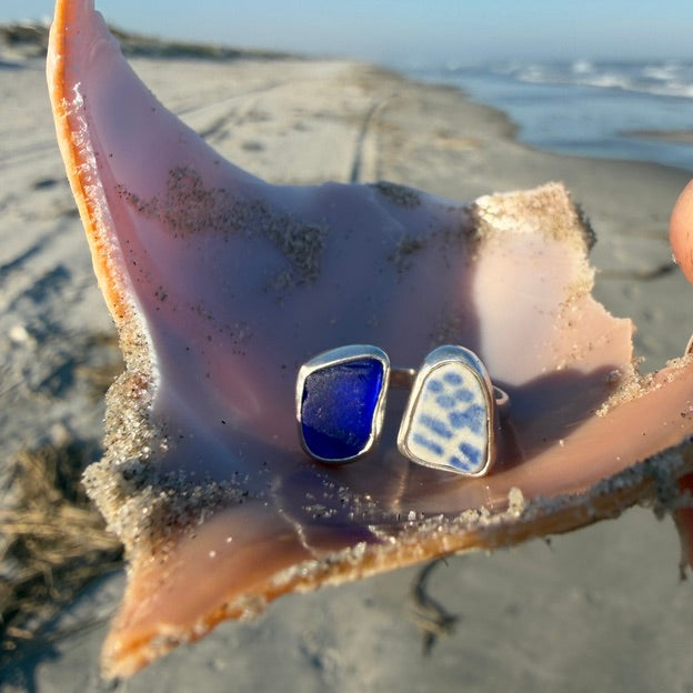 Cobalt Blue Sea Glass and Blue Sea Pottery Adjustable Ring -Size 7