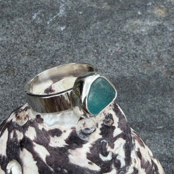 Teal Blue Sea Glass Ring - size 7.25