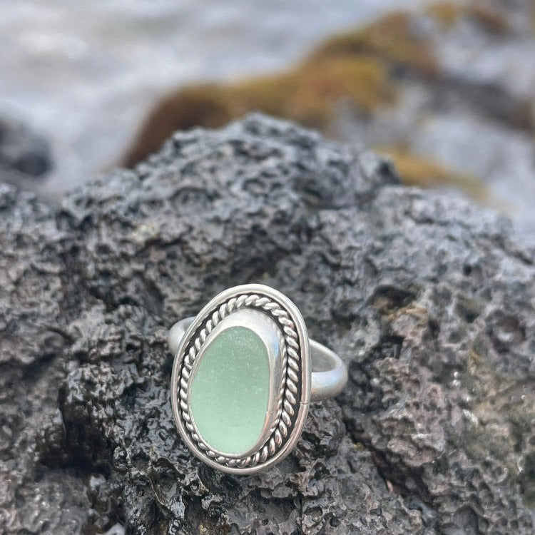 Sea Foam Green Sea Glass Ring - Size 7.5