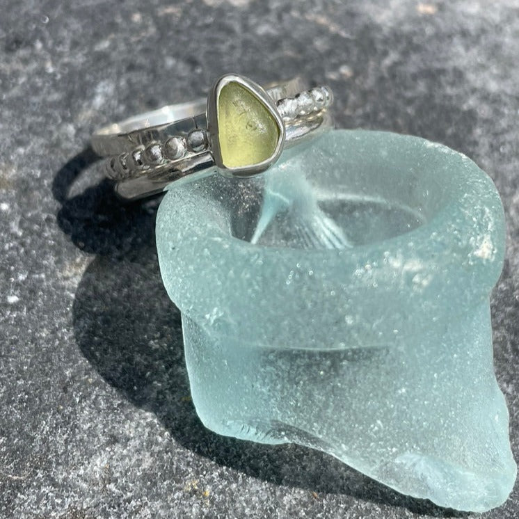 Pale Olive Green Sea Glass Stacking Rings - Size 8.25