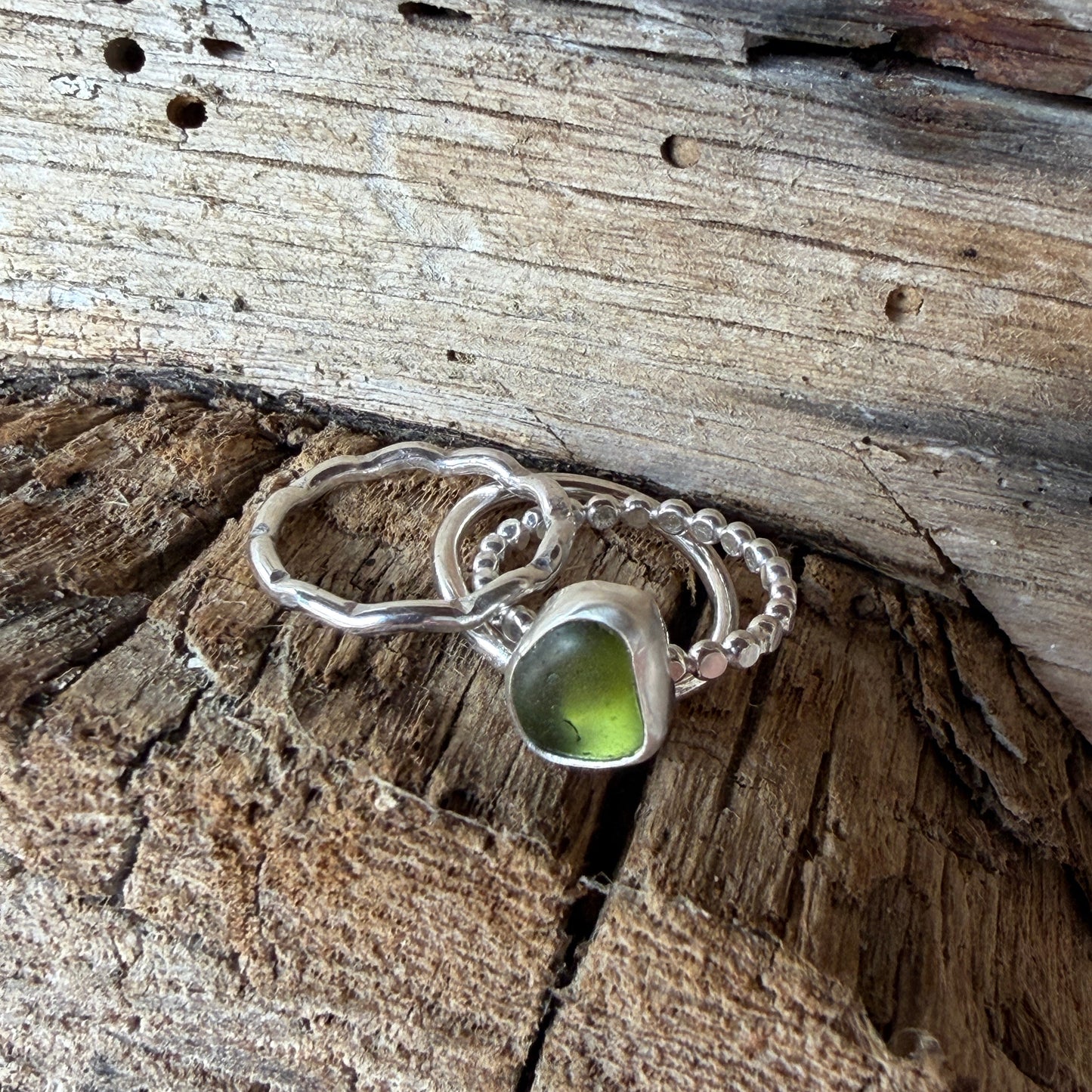 Light Olive Green Sea Glass Stacking Rings - Size 3
