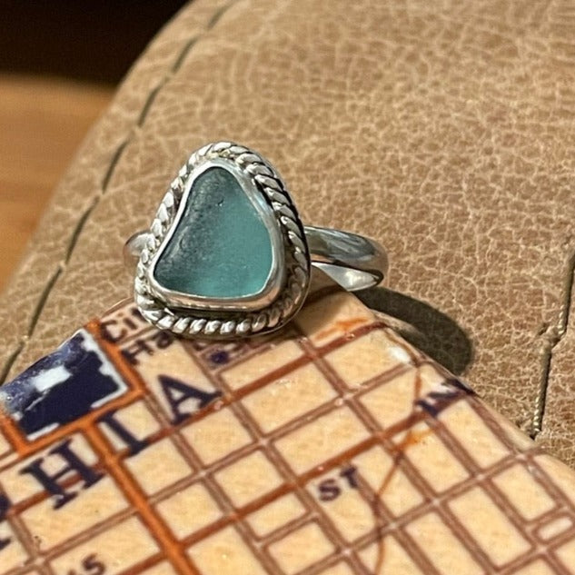 Twisted Teal Blue Sea Glass Ring - Size 7.5