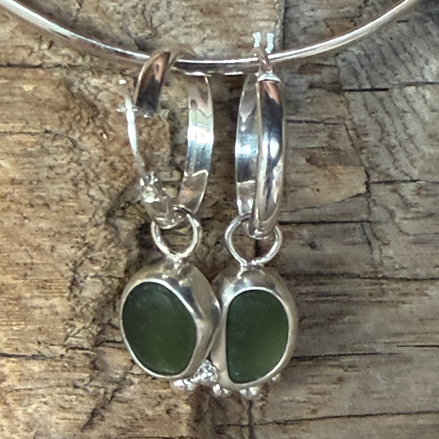 Olive Green Sea Glass Hoop Earrings