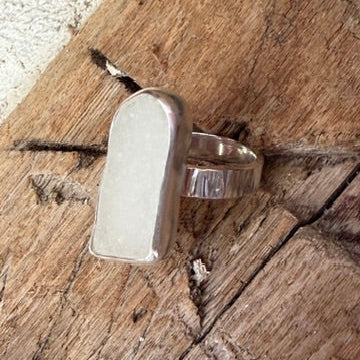 Frosty White Sea Glass Statement Ring - Size 10.25
