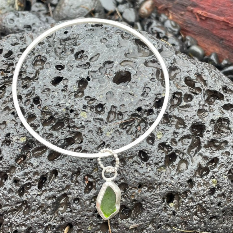 Lime Green Sea Glass Dangle Bangle - Size Medium