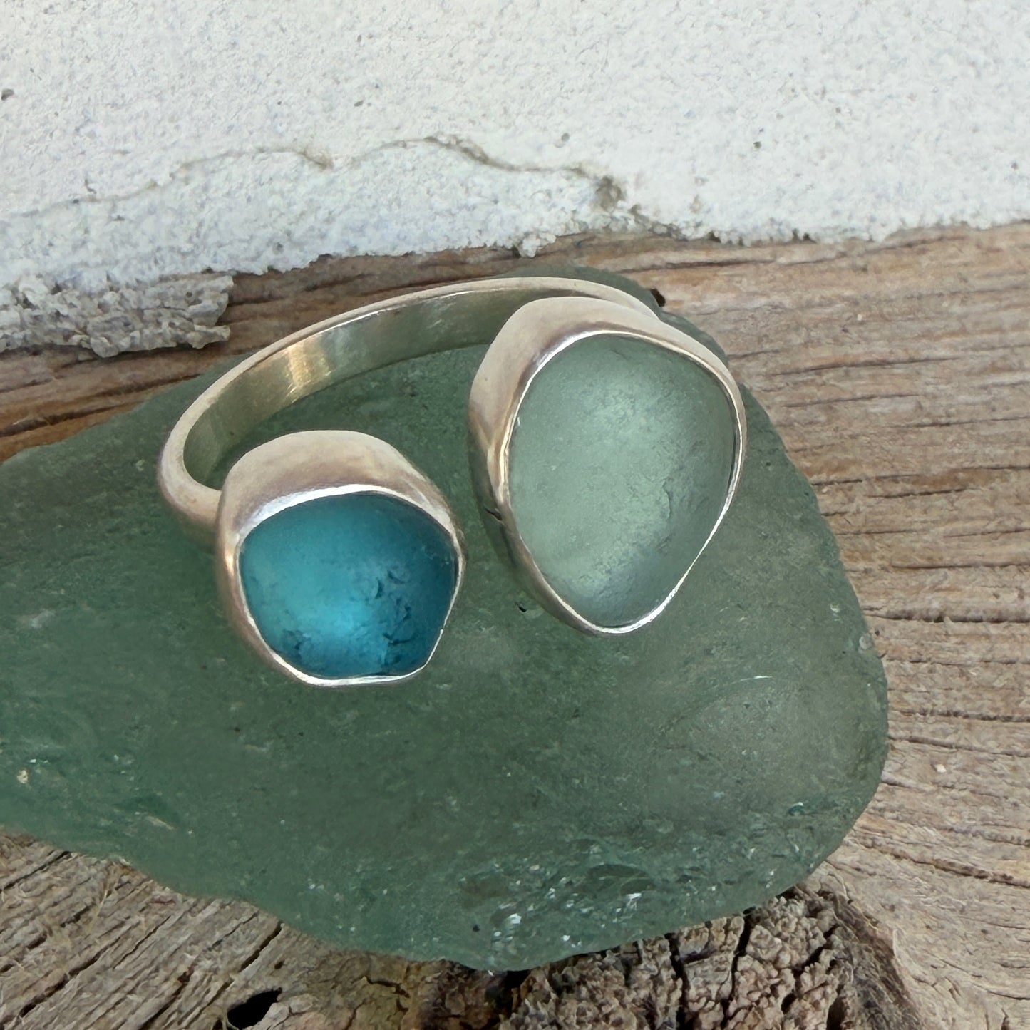 Aquamarine Sea Glass and Sea Foam Green Sea Glass Adjustable Ring -Size 8.25