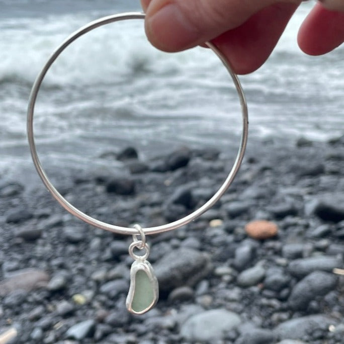 Sea Foam Green Sea Glass Dangle Bangle - Size Medium